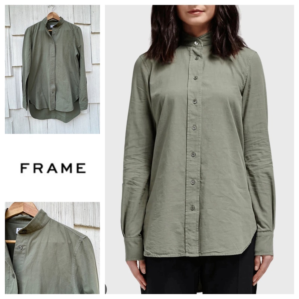Frame Denim Le Tunic Mandarin Collar Button Up in Military‎ Green M